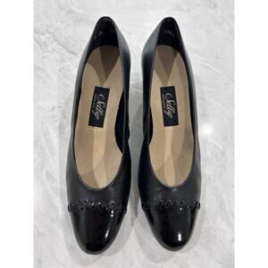 Vintage Selly Black Leather Patent Cap Toe Pumps Women’s Size 8M Comfort Flex